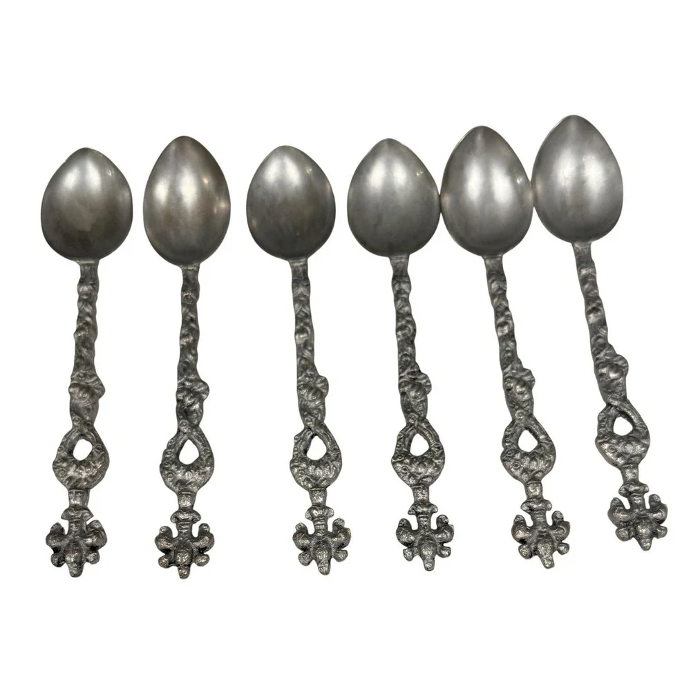 Vintage Italian Pewter Flatware‎ Set 12 Demitasse Ornate Baroque Gothic Italy